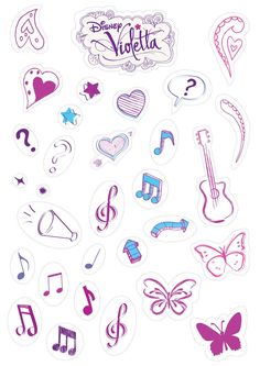 various stickers with musical instruments and symbols in purple, pink and blue on a white background