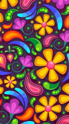 colorful flowers and hearts on a dark background