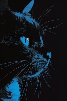 a painting of a cat's face with blue light coming from its eyes and whiskers