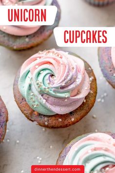 unicorn cupcakes with rainbow frosting and sprinkles on the top