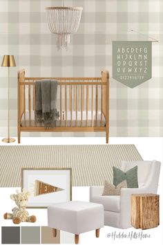 Nursery decor mood board with green and cream tones! Classic Neutral Nursery, Green White And Wood Nursery, Green Nursery With Wallpaper, Olive Green And Tan Nursery, Wood And Green Nursery, Academic Nursery, Nursery With Sage Green Accents, Tan And Green Nursery, Muted Green Nursery