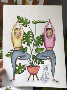 Ladies doing yoga next to plant and cat Wildflower Drawings, Yoga Drawings, Best Friends Art, Yoga Drawing, Sketches Watercolor, World Watercolor, Wildflower Drawing, Plant Friends, Watercolour Ideas