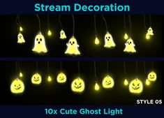 several different types of ghost lights hanging from strings with text that reads, stream decoration 10x cute ghost light