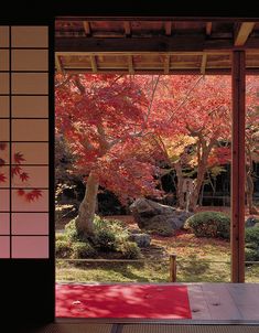 an open door to a japanese garden with red leaves on the trees and rocks in the background