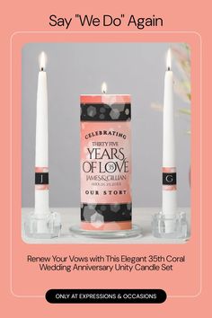 Make the 35th coral wedding anniversary or the renewal of your vows an unforgettable celebration with this commemorative unity candle set! Elegant lettering with hexagonal confetti on a coral pink background add a memorable touch for this special occasion and extraordinary milestone. Customize with couple's names, initials, and dates of marriage. Elegant Lettering, 35th Wedding Anniversary, Wedding Anniversary Celebration, Unity Candle Sets, Coral Wedding, Unity Candle, Anniversary Celebration, Candle Set, Coral Pink