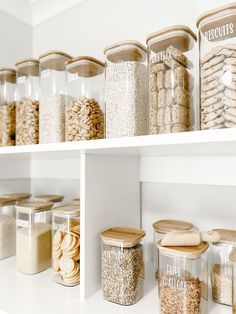 the shelves are filled with different types of food