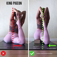 a woman is doing yoga on a mat with her hands behind her head and the words king pigeon