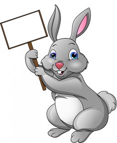 a cartoon rabbit holding a sign and pointing to it's left side with its right hand