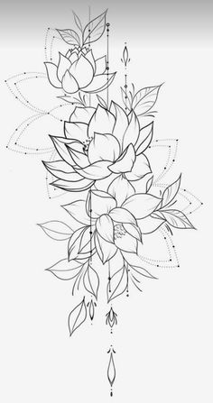 a drawing of flowers and leaves on a white background