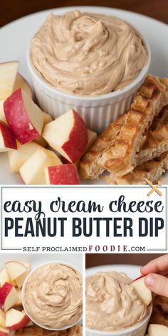 an easy cream cheese peanut butter dip with apples on the side and in a bowl