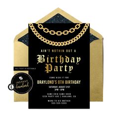 a black and gold birthday party with a chain around it's neck, on top of an envelope