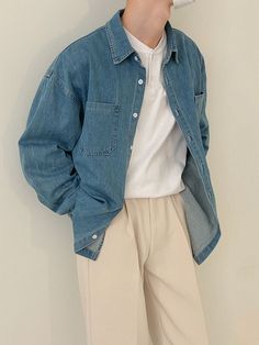 Poses Men Reference, Kemeja Denim, Casual Denim Shirt, Spiritual Fashion, Asian Streetwear, Minimalist Fashion Men, Mens Trendy Outfits, Men Stylish Dress