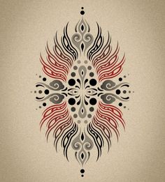 an artistic design with red and grey colors on a beige background, in the shape of a flower