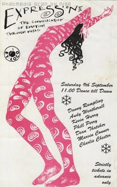 the poster for an event with a woman in pink and black patterned stockings, holding her arms out