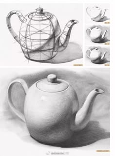 three different drawings of teapots and cups