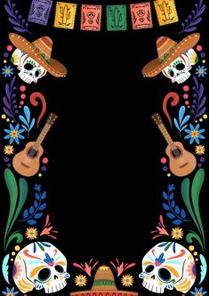 a mexican day of the dead banner with guitars and skulls on black background, decorated with colorful flowers and leaves