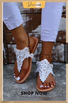 White Lace Beach Resort Bridal Sandals Travel Sandals, Pearl Sandals, Lace Flats, Bridal Sandals, Lace Heels, Bohemian Floral, Buckle Shoes, Cheap Shoes, Toe Sandals