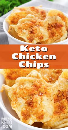 keto chicken chips in a white bowl with parsley on the side and text overlay