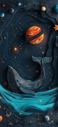 an illustration of a whale swimming in the ocean surrounded by planets