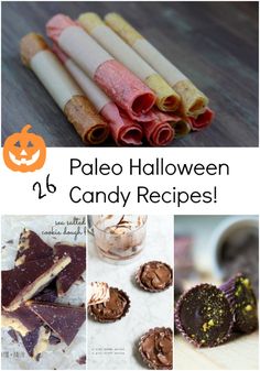 a collage of different halloween candy recipes