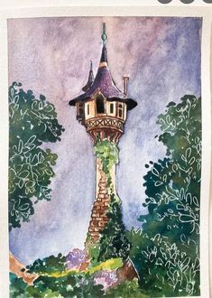 a watercolor painting of a tower in the woods