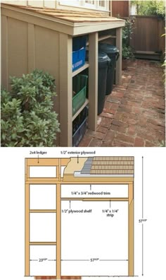 an outdoor storage shed with shelves and trash cans on the outside, next to a photo of