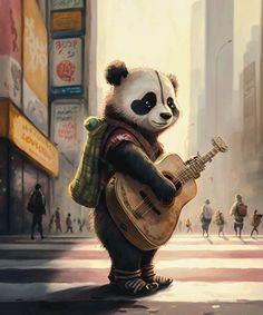 a panda bear with a guitar in the street