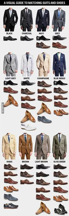 A visual guide to match suits and shoes Anime Techniques, Suits And Ties, Suit Shoes, Man Ray, Wedding Suits Men