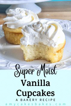 two vanilla cupcakes on a white plate with the title super most vanilla cupcakes