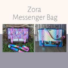 two bags with different designs on them and the words, zora messenger bag