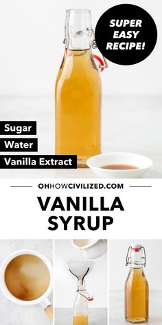 vanilla syrup in a glass bottle next to an empty cup