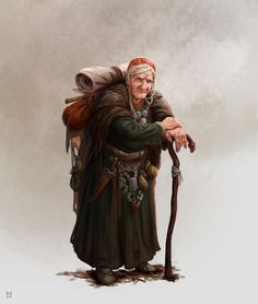 an old woman with a cane is standing in the fog