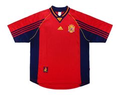 a red and blue soccer jersey with the number one on it's left chest