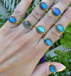 Gorgeous Labradorite Rings  please note that labradorite looks different at different angles and in different lighting. Some are more blue while others have more green flash. 24k gold plated Labradorite Rings, Etsy Gold Ring, Bagan, Oval Ring, Oval Rings, Labradorite Ring, Ring Blue, Blue Labradorite, Lovely Ring