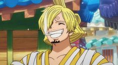 an anime character with blonde hair and blue eyes smiles at the camera while wearing a striped shirt