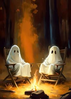 two ghost sitting on chairs facing each other in front of a campfire with their heads covered by white cloths