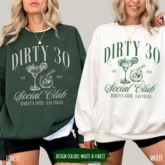 Personalized Dirty 30 Sweatshirt Custom Name Dirty Thirty Crewneck Birthday Party Favors Cocktail Social Club Sweater 30th Birthday Gift 30th Birthday Shirt Girls Trip Gift Girls Weekend Sister Trip The perfect Custom Dirty 30 Sweatshirt for a stylish Birthday Girl and her Birthday Crew! This Personalized Matching 30th Birthday Sweater makes the perfect Gift for 30th Birthday Gift. It's made from a Premium Soft Ring Spun Cotton Blend Fabric for perfect spring and summer comfort. Full of style an Bach Party Shirts, Desert Bachelorette, Tequila Sunset, Bachelorette Party Favor Bags, Luxury Bachelorette, Scottsdale Bachelorette, Bachelor Party Shirts, Bach Bash, Bride Sweatshirt