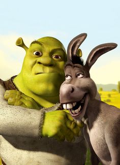 an animated image of a man and a donkey with their arms around each other's shoulders