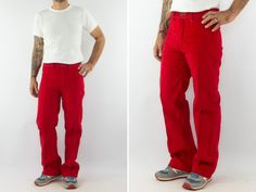 "Vintage pants - Rica Lewis Made in France 1970/80's Red velvet pants. Straight cut. High waist. 5 belt loops.  Zipper closure. 2 front gusset pockets. 2 back patch pockets. In very good condition. Some signs of use. To note (photos): Shortened hem. 100% cotton  No size label. Size estimate: M The model wears usually size M and measures 175cm - 68,8\". Measures (flat):  Waist: 40cm - 15,7\" Front crotch: 28cm - 11\" Back crotch: 37cm - 14,5\" Inseam: 79cm - 31,1\" Leg width: 27cm - 10,6\" Lower legs: 24cm - 9,4\" Length: 104cm - 40,9\" Please note that our items are  vintage and may have minor imperfections. For more details, product information or additional photos, please do not hesitate to contact us." Vintage Red Pants With Pockets, Vintage Red Full-length Pants, Vintage Red Full Length Pants, Vintage Red Straight Leg Pants, Retro Red Cotton Pants, Red Velvet Pants, Straight Cut Jeans, Velvet Pants, Vintage Pants