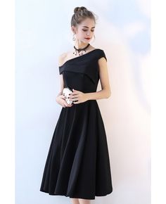 Simple Black One Shoulder Midi Party Dress #BLS86051 - GemGrace.com Solid Dresses For Banquet During Party Season, Evening A-line Midi Dress For Night Out, Black Dresses For Banquet And Prom Season, Black Dress For Banquet During Prom Season, Chic Black A-line Evening Dress, Black Formal Dresses For Prom Season, Black Formal Dresses For Prom, Black Evening Prom Dress, Fitted Dress With Asymmetrical Neckline For Banquet