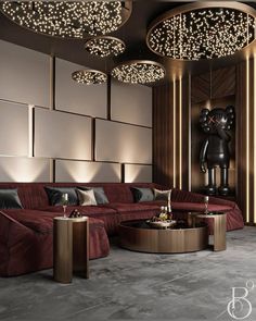 a living room filled with lots of furniture next to a tall wall covered in lights