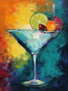 a painting of a martini glass with oranges and an apple