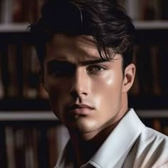 a man in a white shirt and tie is looking at the camera with bookshelves behind him