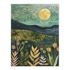 a painting with flowers and stars in the sky over a mountain range under a full moon