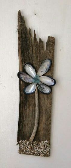 a piece of wood that has some kind of flower on it with shells in it