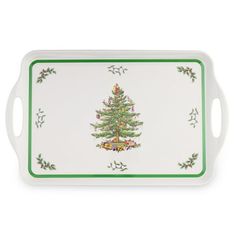 a white and green tray with a christmas tree on it