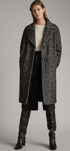 Wool Long Coat, Herringbone Coat, Long Wool Coat, Black Tweed, Massimo Dutti, Beautiful Fashion