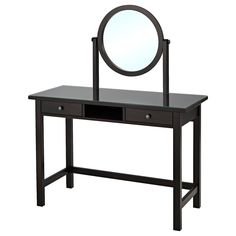 a black vanity with a mirror on top and drawers underneath it, in front of a white background