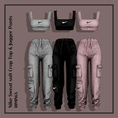 four women's sweat pants with different pockets and zippers on the sides, all in