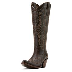 Gorgeous stitching, premium leather, and the knee height make our best-selling Casanova boot a showstopper wherever it goes. With the comfort you need for long nights boogying at country concerts and twirling on the dance floor, it'll turn heads whether you've paired it with cutoffs or your favorite summer dress. Casanova Western Boot | Product Features : 0 : ATS® technology provides ergonomic support on uneven terrain, 1 : Vegetable-tanned leather sole, 2 : Resoleable Goodyear leather welt cons Casanova Western Boot, The Casanova, English Riding Boots, Womens Western Fashion, Womens Work Boots, Ariat Boots, Western Outfits Women, Chocolate Leather, Work Boots Men